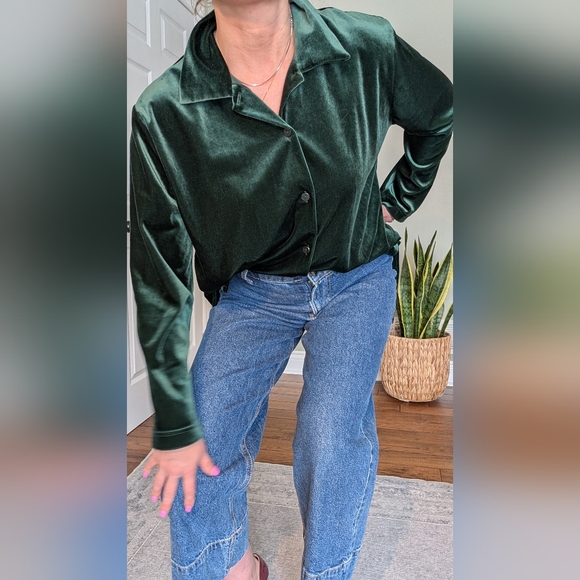 Retro Carol Reed Collection Women's Green Blouse Stretch Velvet Like Button-Up L - Picture 2 of 16